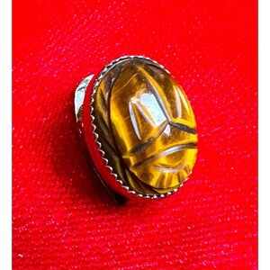 1960's Admark 12k Gold Filled Scarab Gemstone Tie Clasp Tigers Eye Oval Insect
